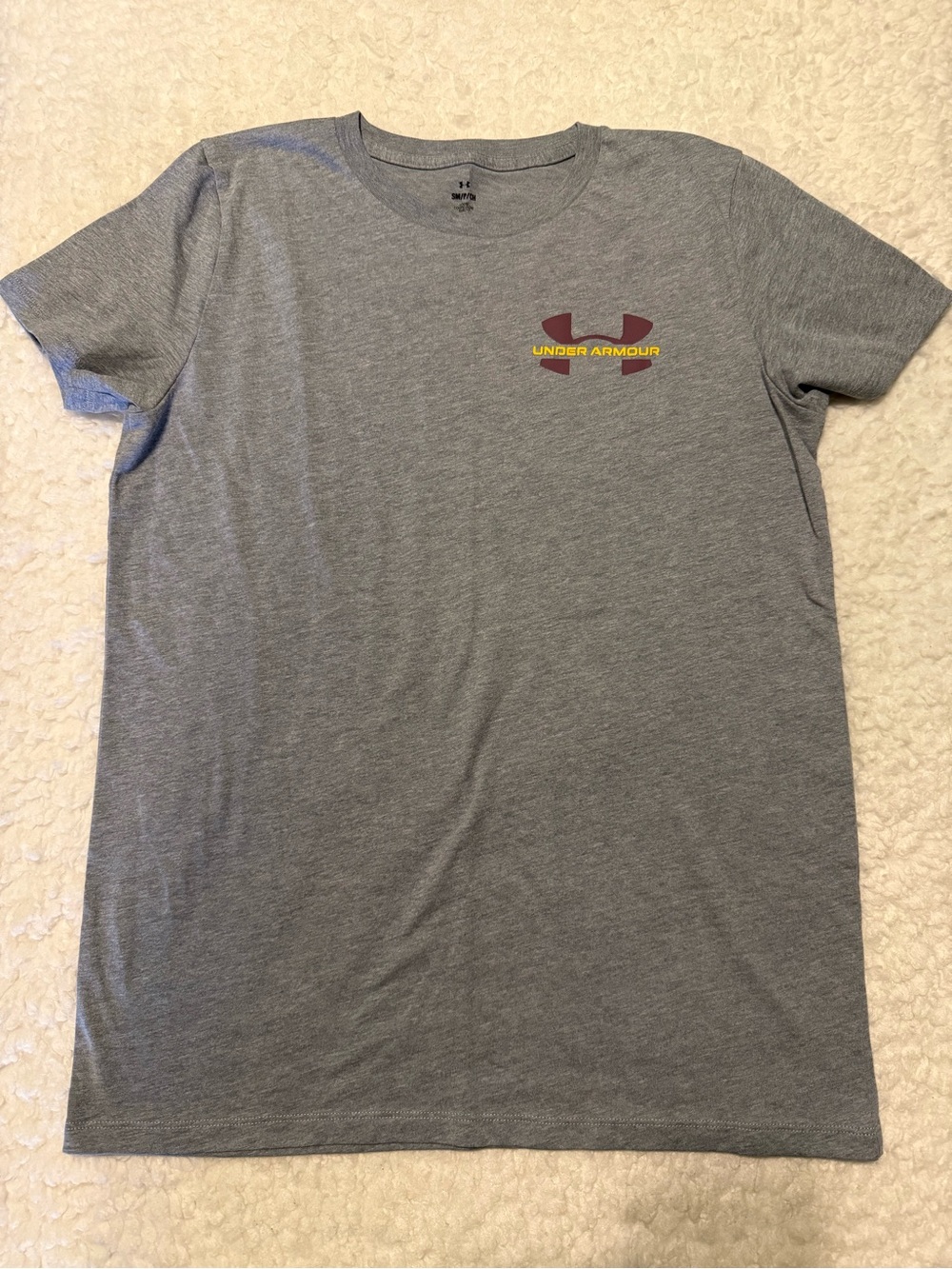Under Armour Women’s Grey Short Sleeve Tee with Maroon & Yellow Logo